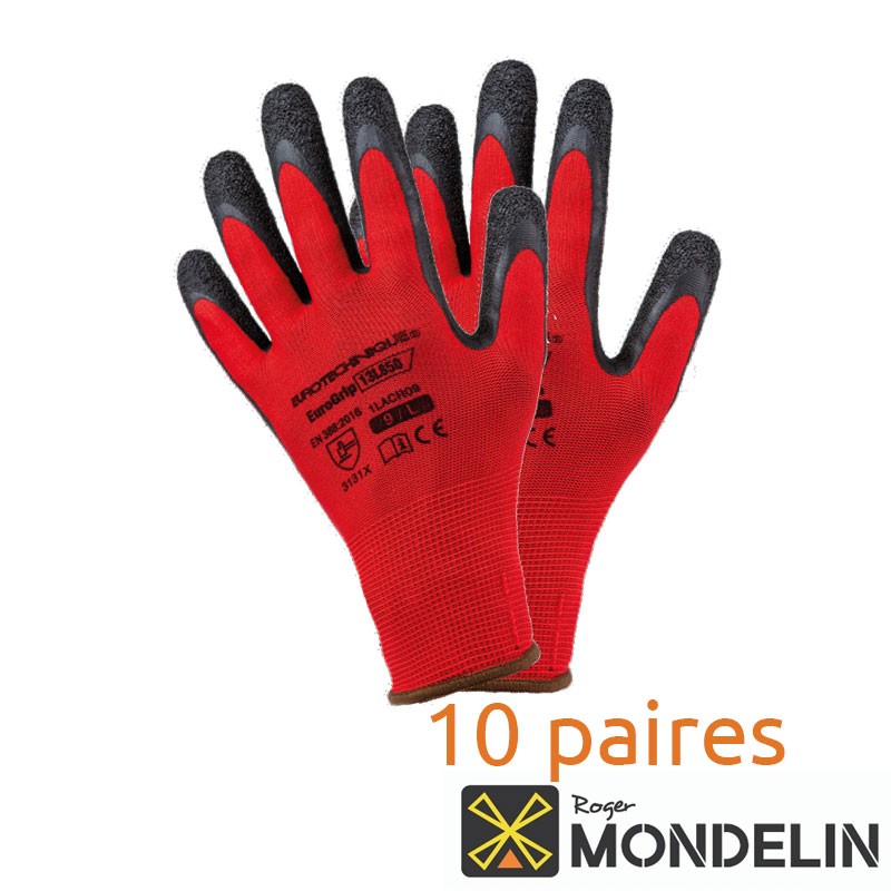 Lot de 10 paires de gants enduction latex T9 Maçon Mondelin rouge