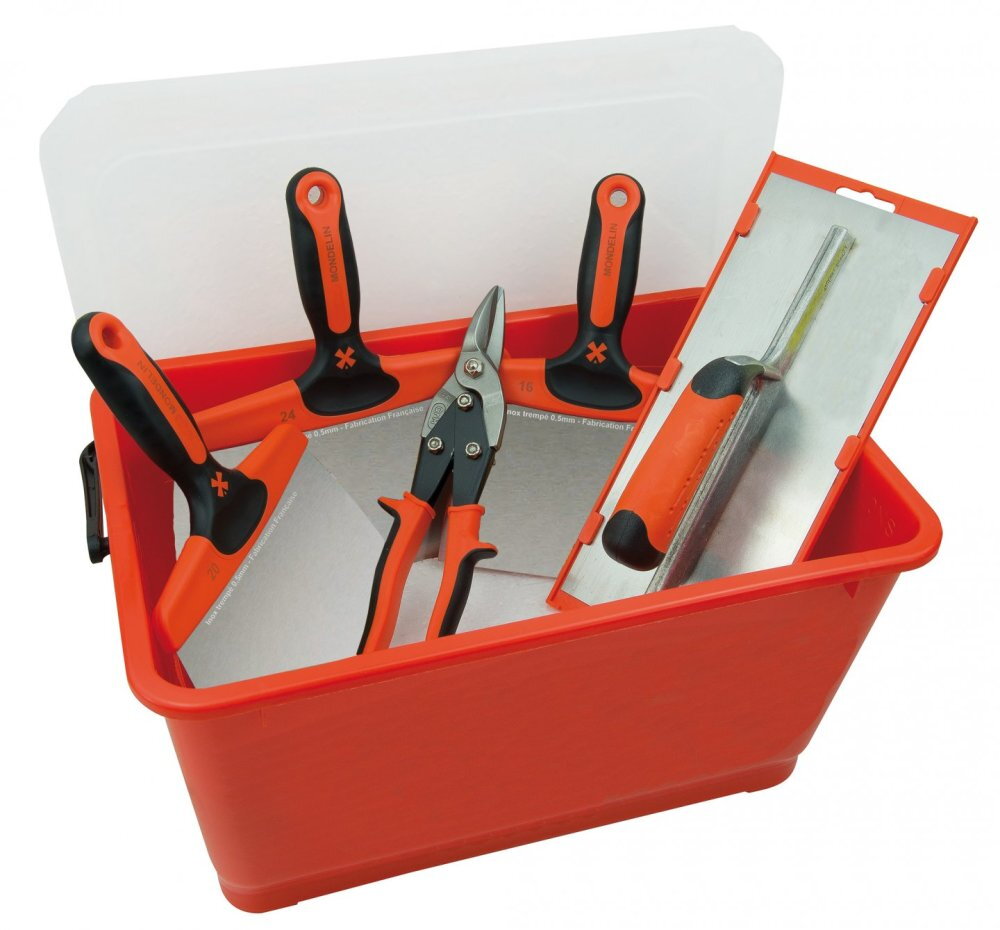 Lot complet plaquiste – Outils inox de qualité avec bac 17 L - Mondelin