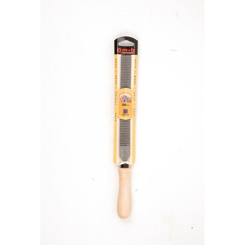 Râpe plate à main grosse piqûre – 200 à 250 mm – Acier 0,45 % carbone – Dureté 53 HRC – Manche bois dur PEFC – MOB