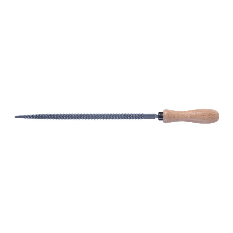 Râpe ronde grosse piqûre – Longueur 200 mm – Acier 0,45 % carbone – Dureté 53 HRC – Manche bois dur PEFC – MOB